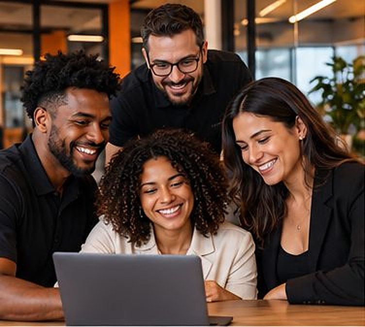 Grupo de profissionais olhando juntos para a tela de um notebook