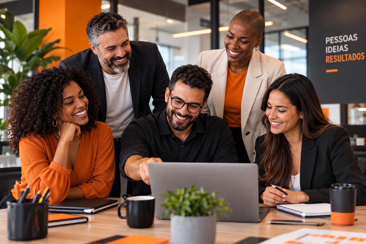 Equipe sorrindo em reunião ao redor de um notebook