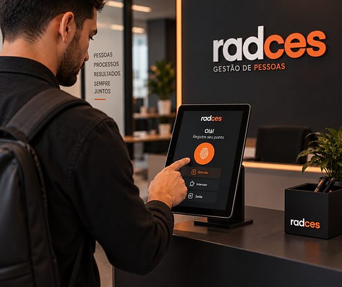 Colaborador registrando o ponto em um tablet na recepção