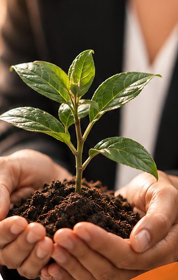 Mãos segurando uma muda de planta com terra