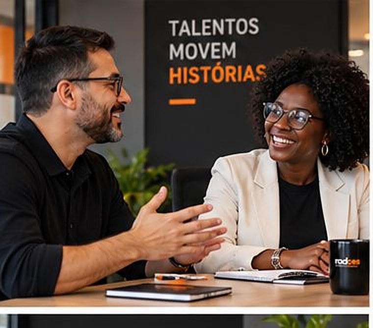 Duas pessoas conversando em reunião de desenvolvimento